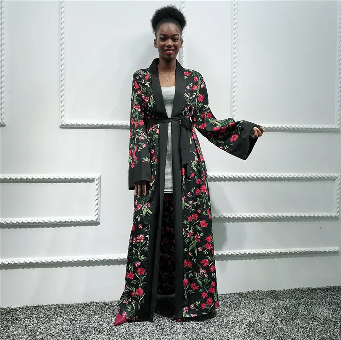 

Black fashion muslim dress printed flower dubai abaya