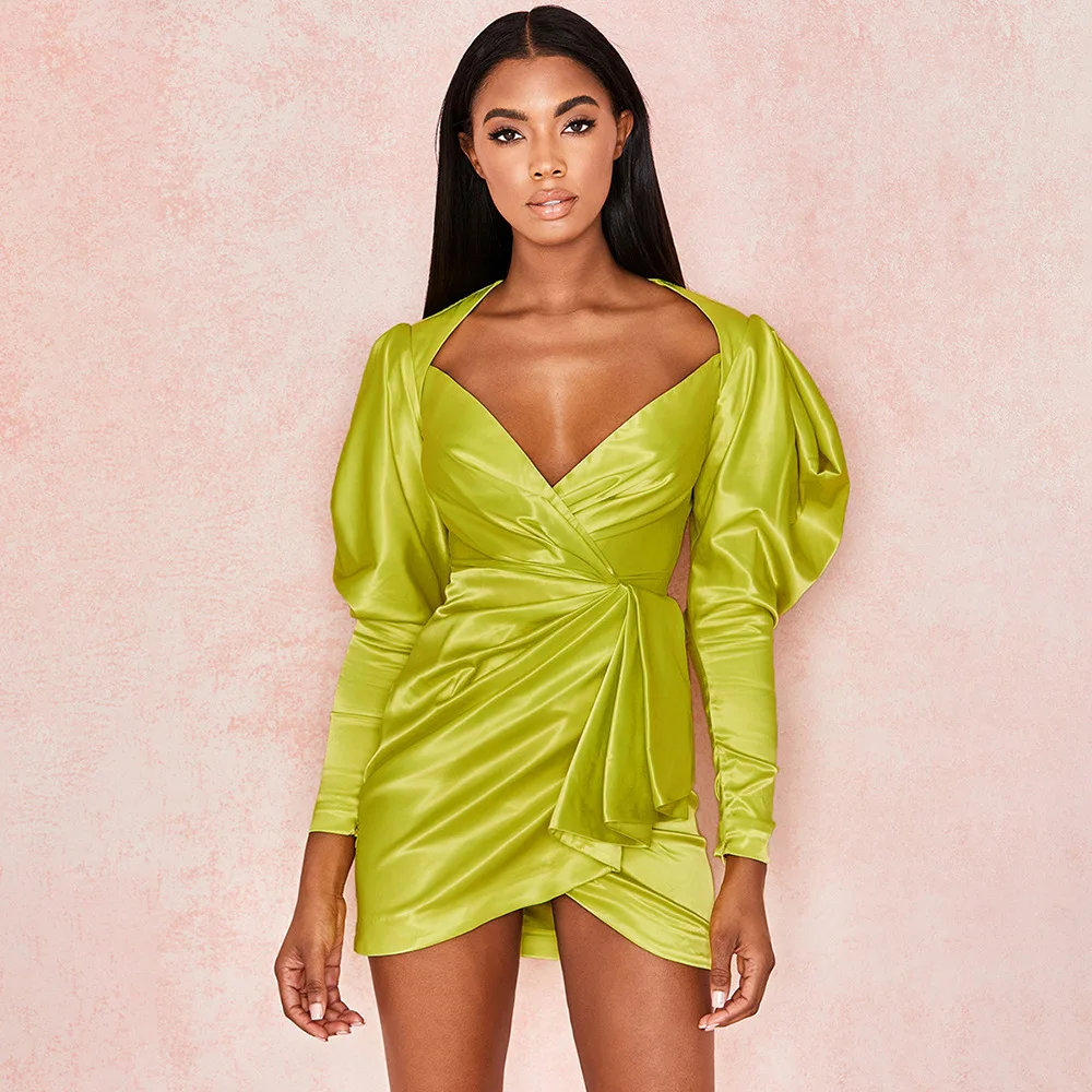 

2021 new fashion long-sleeved sexy tight dress women's fashion mustard V-neck mini dress