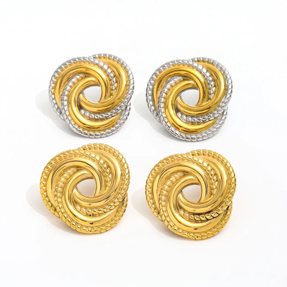 Trendy 18K Gold Plated Twisted Multi-layer Cross Flower Two-tone Stainless Steel Stud Earring for Women Unique Jewelry Design