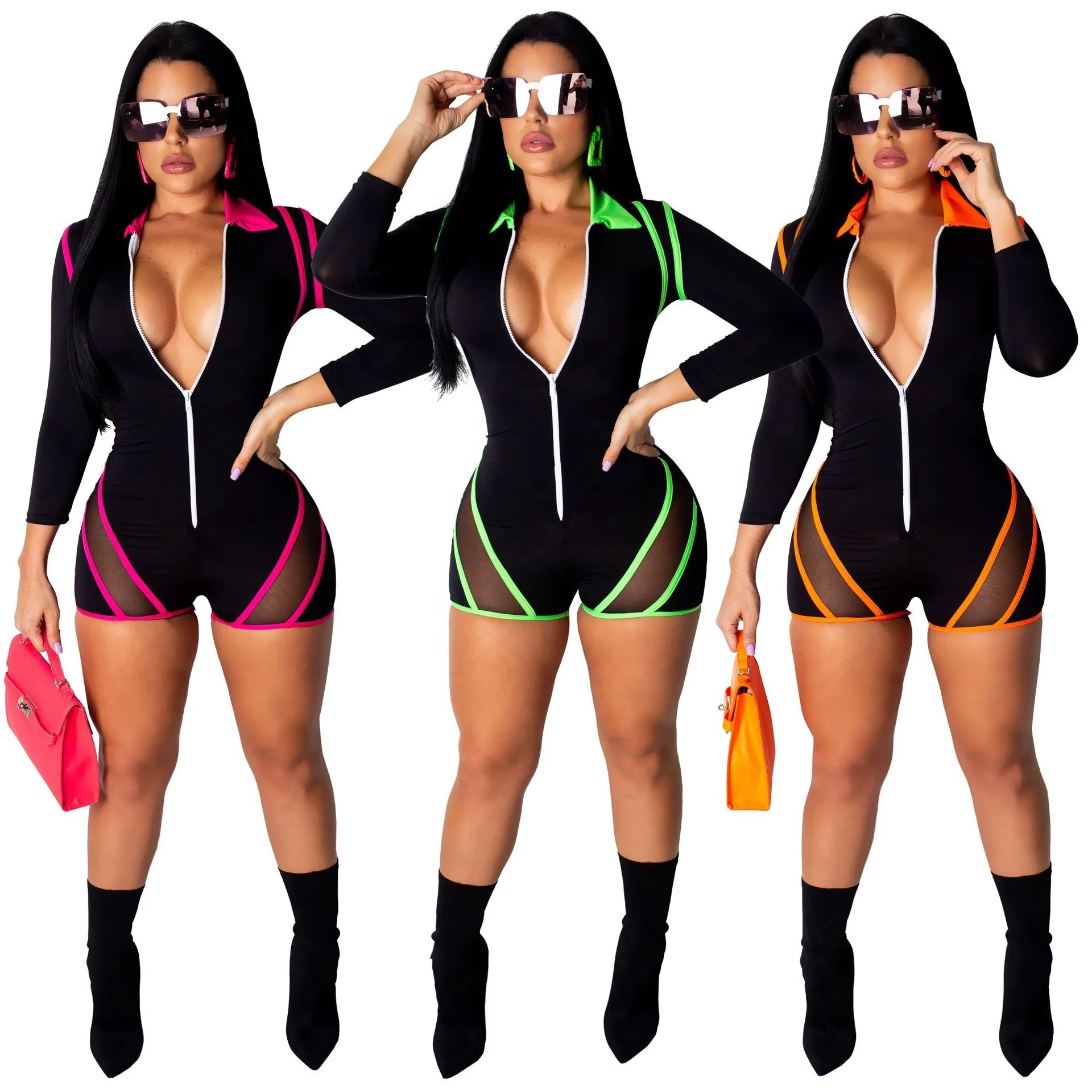

MT84-0196 Fashion fluorescent color stitching mesh sexy slim sports jumpsuit