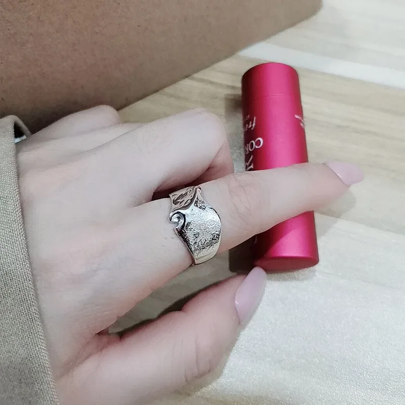 

Minimalist Women Jewelry 925 Sterling Silver Peaks Open Rings Stylish S925 Silver Geometric Wide Mottled Band Rings, As picture show