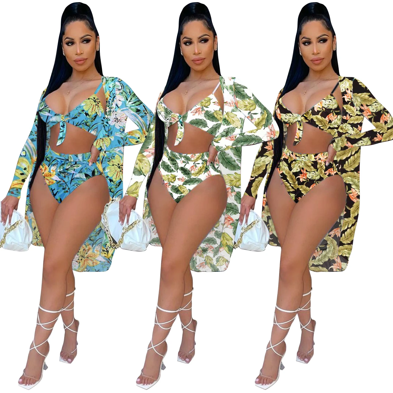 

Women's Swimsuit Suit 2021 New Arrivals Summer 3 Piece Coat Halter Bohemian Print Style Sling Sexy Three Piece Swimsuit Set, Bohemia