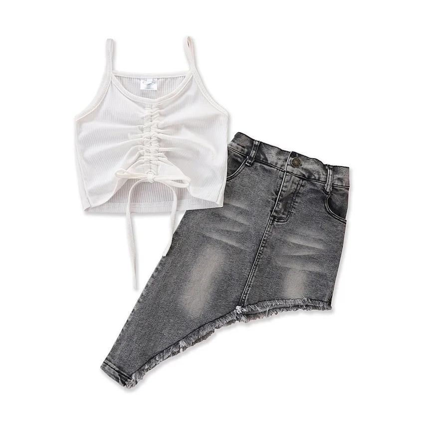 

Fashion Clothes Sets Sleeveless Drawstring Pleated Sling Tops Denim Skirts Kids Girls 2pcs