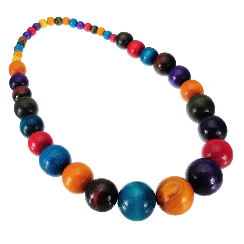 

Fashion Colorful Beads Chokers Necklace Jewelry African Statement Necklaces Wooden Beads Long Necklace Women, Multicolor, rose red