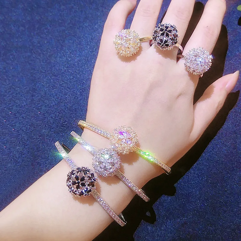 

RAKOL S3104 jewelry set round shape exquisite Micro Pave setting bangle bracelet and ring set