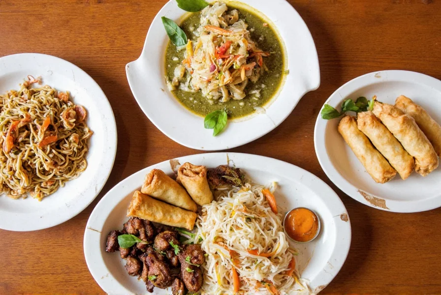 Selection of signature dishes from Red Ginger Stow including Pad Thai, Green Curry, and Spring Rolls arranged on a wooden table