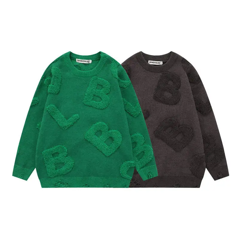 Dropshipping New Fashion Men's Knitted Sweater Pullover Letter Embroidery Design Crew Neck Long Sleeve for Autumn