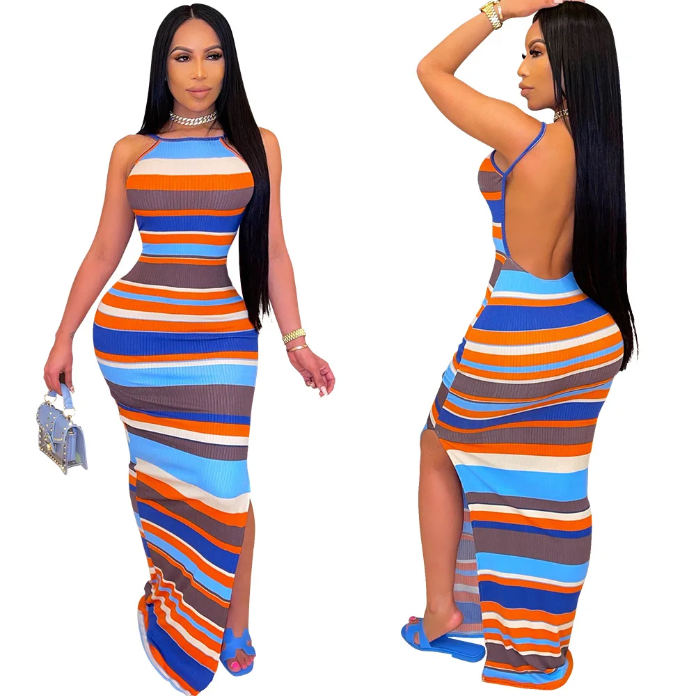 

(RTS 0.5) CY9030 Sexy Halter Halter Dress Fashion Striped Split Long Skirt Women