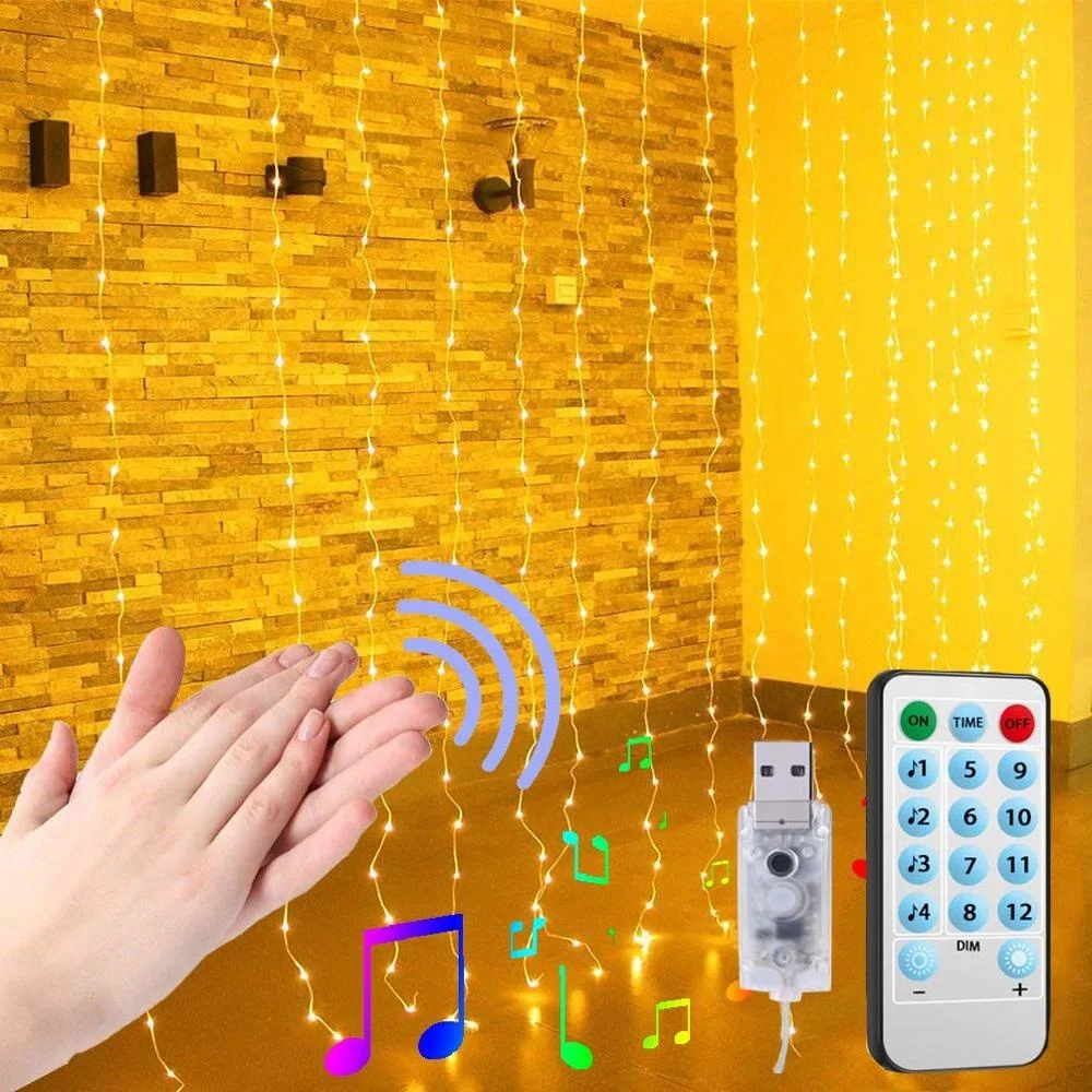 USB LED Curtain String Lights Music sound modes 8 functions Remote controller 3*3m for holiday party window decoration lights