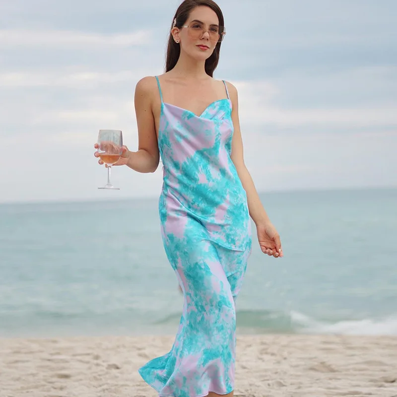 

KQ-327 2020 new hot style printed suspender fishtail long dresses women backless summer holiday beach dresses vestidos mujer, As picture