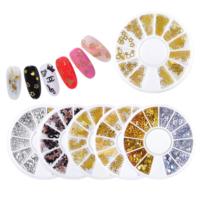 

1 Box Mixed Metal Flakes Laser Nail Sequins Colorful Chain Alloy Slice Decals 3D Nail Art Decorations Wheel, Gold ,silver,colorful