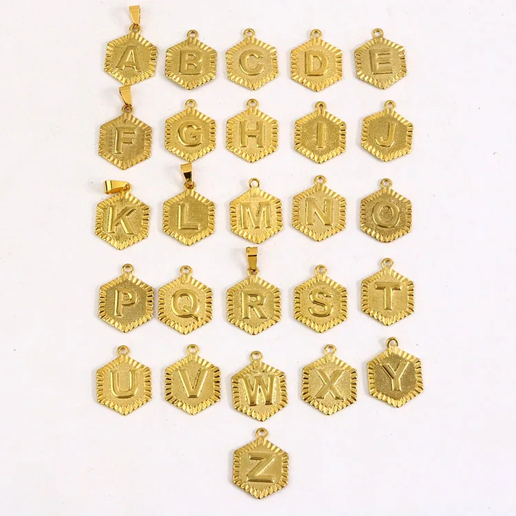 

JF7127 Gold Plated Stainless Steel Pendants Alphabet Letter Initial Hexagonal Medal Charm Pendant