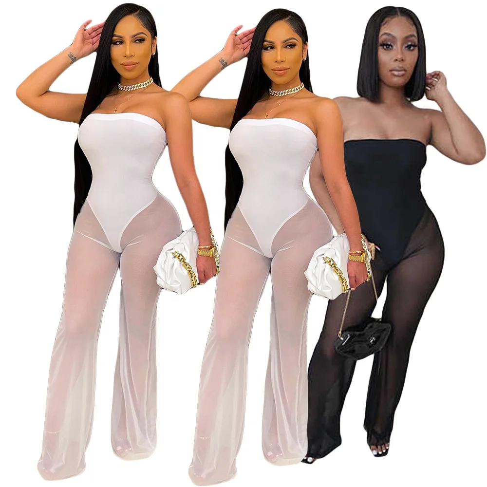 

MT195-0104 Women's explosive style net yarn sexy solid color summer high stretch women's jumpsuit one-piece pants