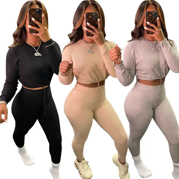 

Winter latest style sexy bodycon pure color ribbed fabric sweat suit crop top clothing pant two piece set