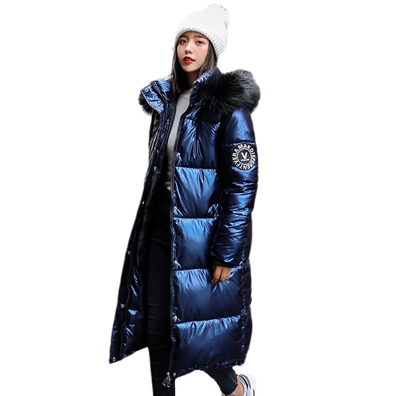 

Women X-long Oversize Blue cotton Jackets Thick Casual With Fur Epaulet 2021 Winter Female Wadd Coats Hooded Solid Piumini Donna