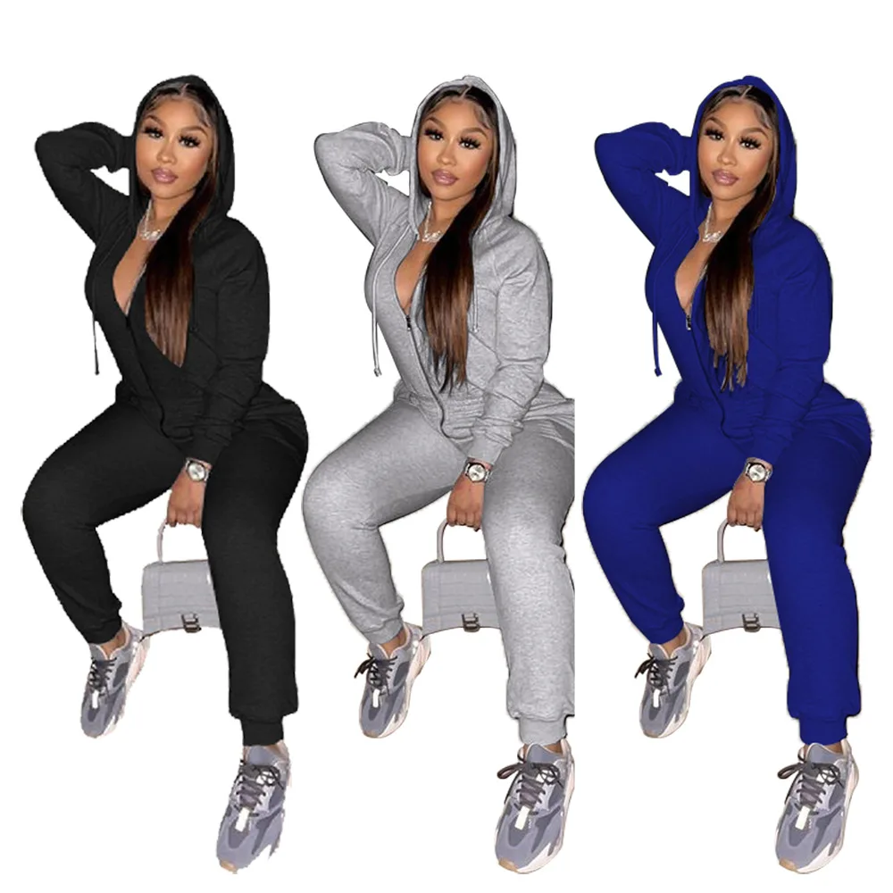 

2021 New Arrivals Fashion Women Casual Hooded Drawstring Front Zipper Long Sleeve Slim Pants Solid Jumpsuit, Picture show