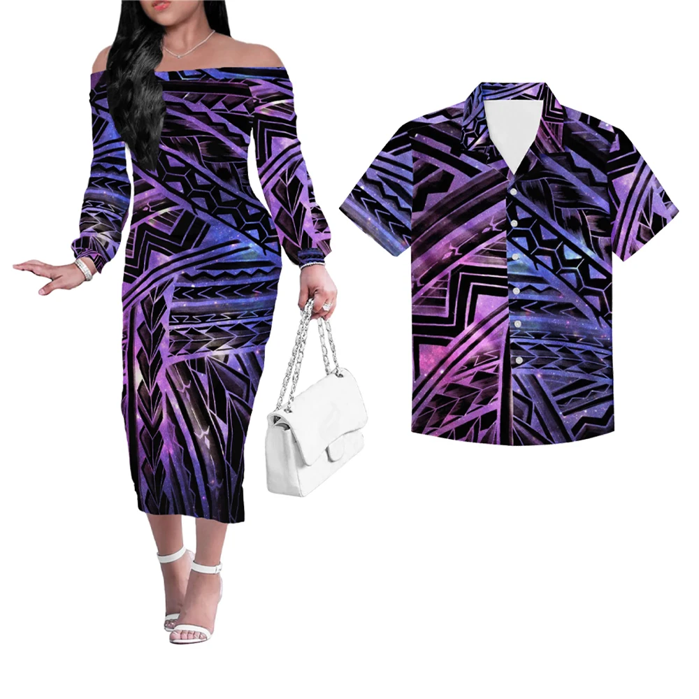 

Samoa Polynesian Design Print Women's Off Shoulder Dress Match Men Shirts 2Pcs Couple Set Plus Size Outfits, Customized color