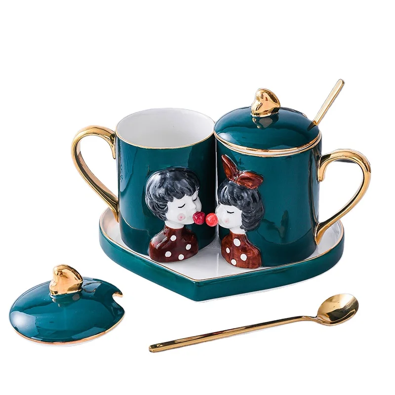 

High quality couple 3D pattern ceramic mug lovely mug coffee cup saucer set