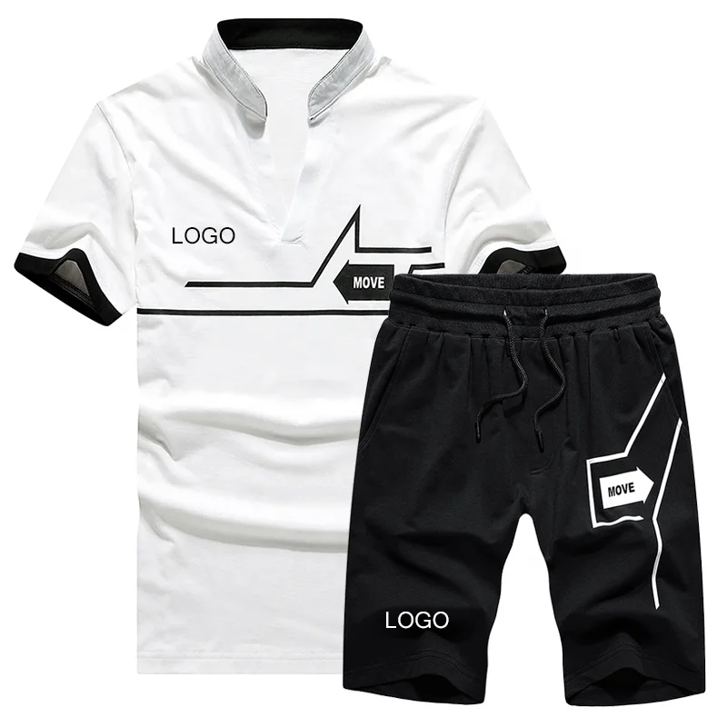 

Custom Logo Print Men Casual Slim Stand Collar Short Sleeve 2 Piece Set Pant Sportswear, Picture