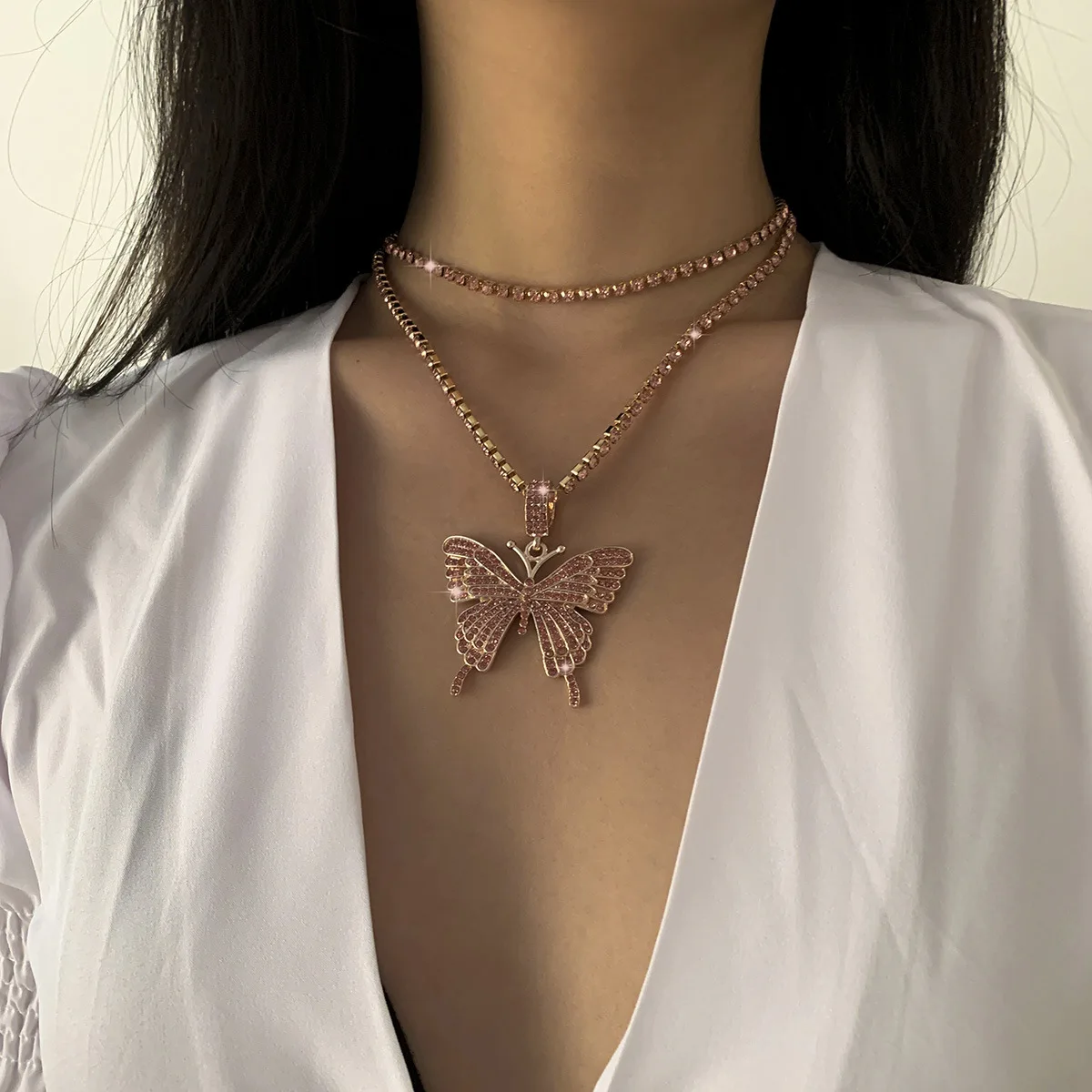 

18k Rose Gold Plated Diamond Pendant Dainty Hiphop Rock Bling Tennis Chain Jewelry Pink Butterfly Necklace Women