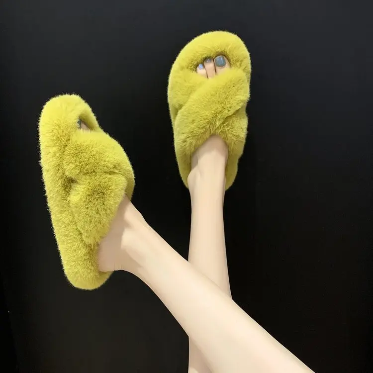 

2021Women's Cross Band Slippers Soft Plush Furry Cozy Rabbit Fur House Shoes Flip Flop Open Toe Indoor Outdoor Fur Slides, Picture