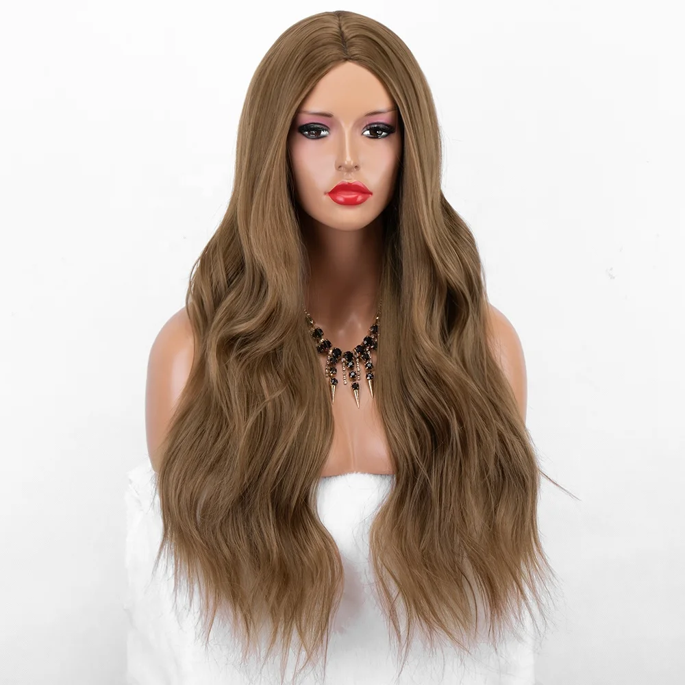 

Aliblisswig Natural Looking Light Brown Long Straight Wavy Middle Part Heat Friendly Fiber Hair None Lace Synthetic Wigs