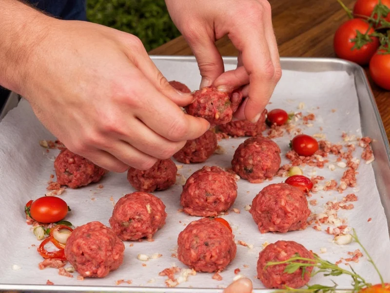 Hands forming meatballs with fresh ingredients