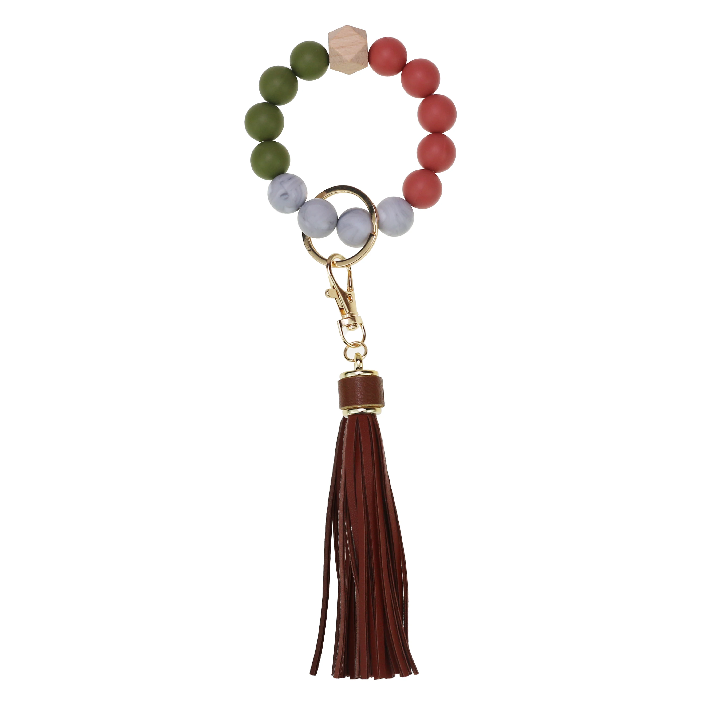 

2021 Summer customized silicone bead bracelet keychain For women handmade Tassel wooden beaded keychain bracelet