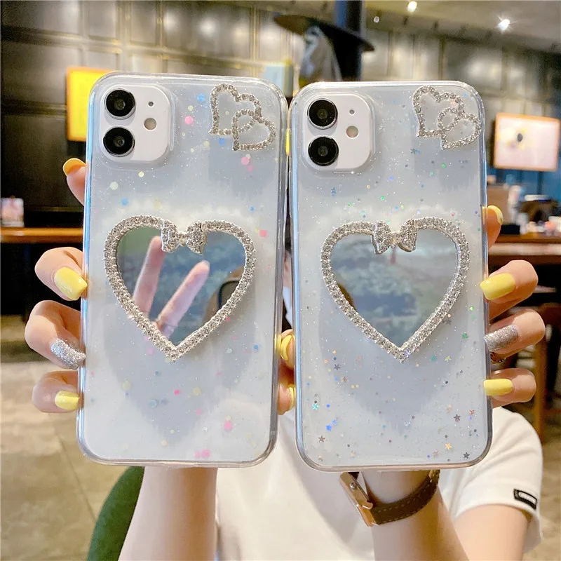 

2021 rhinestone love make up mirro bling glitter soft clear mobile phone cases for Vivo Y12 s1 V20 X60 pro Y20 Y30 Y19 for lady