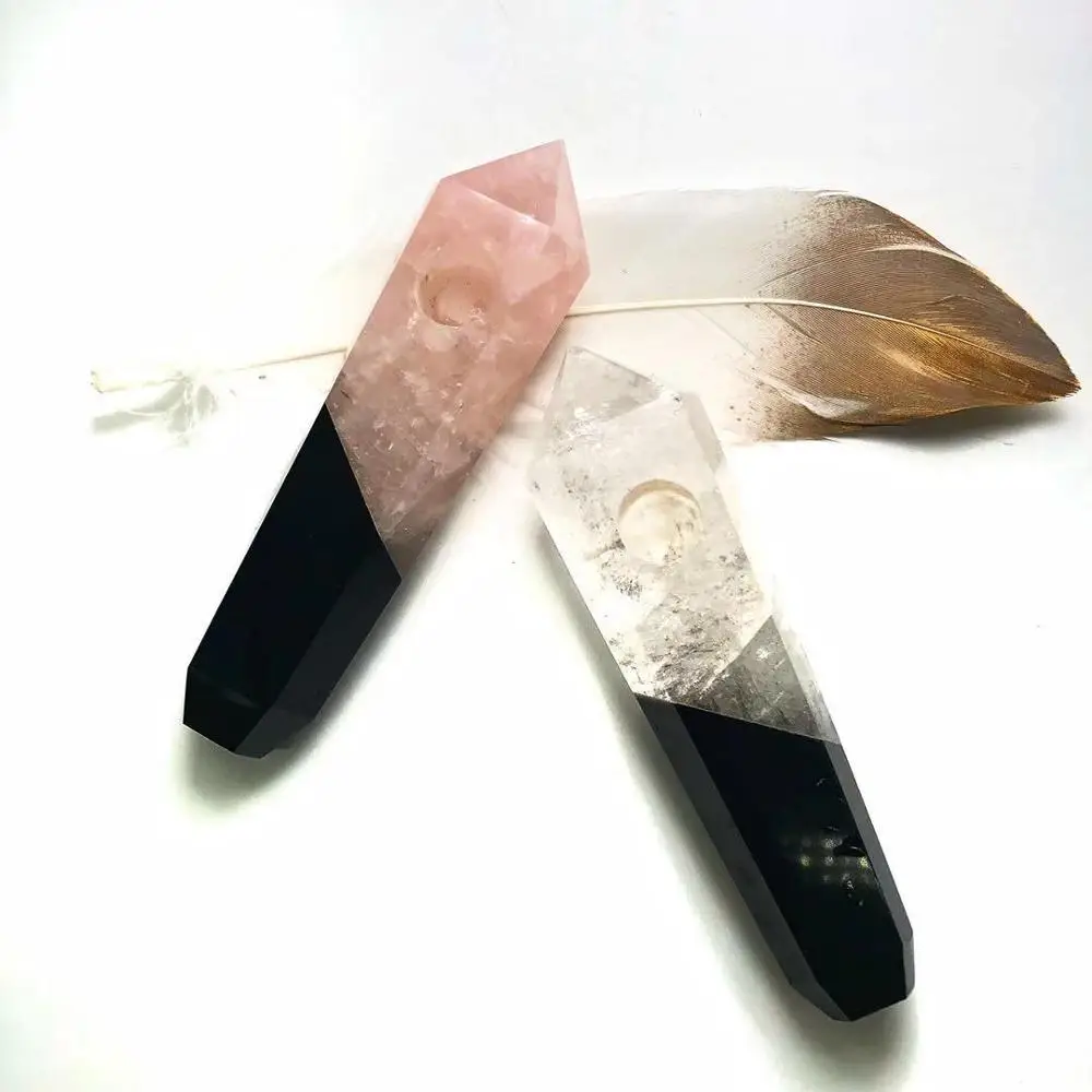 

Natural rose quartz clear crystal obsidian crystal pink wand smoking pipes healing