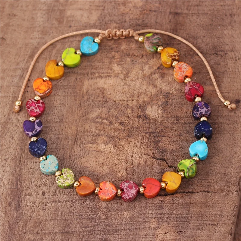 

Boho 6mm Natural Stone Jasper 7 Chakra Rainbow Heart Beads Bracelet Fashion Adjustable Turquoise Dainty Bracelet Jewelry Dropshi