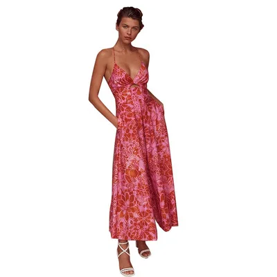 

2021 New Summer Ladies Deep V Neck Sling Dress Print Hollow Out Maxi Dress Women Elegant Casual Dresses