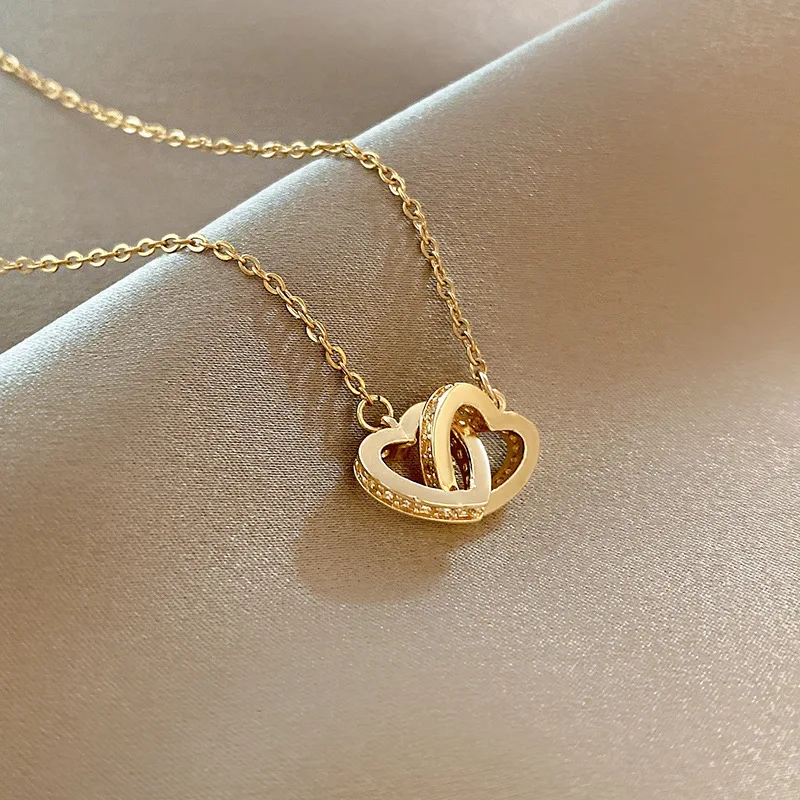 

Vintage Fashion 316L Stainless Steel Micro Pave CZ Double Heart Pendant Necklaces Gold Plated Crystal Heart Clavicle Necklace