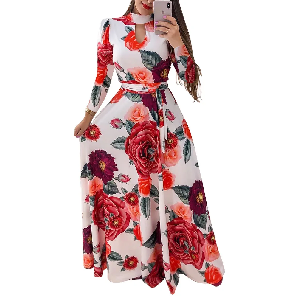 
Plus size women clothing floral print long sleeve casual maxi dresses 