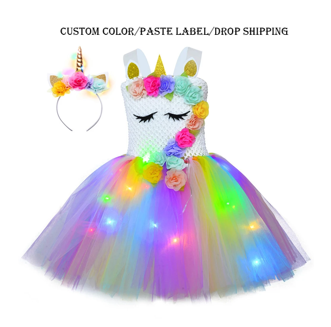 

Halloween Fashion Kids Clothes Led Rainbow Puffy Princess Unicorn Girl Tutu Dress With Headband