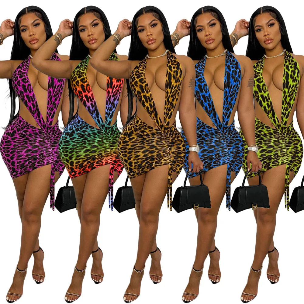 

XUQING 2021 Wholesale summer club backless draped sexy halter dress leopard printed mini dresses for women, Photos show