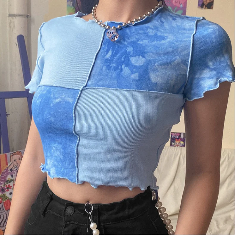 

Goth Dark E-girl Y2k Chic Crop Tops Tees Tie Dye With Sequin Patchwork Women Summer T-shirts Ruffles Hem Purple Or Bule Clothes, Picture shown