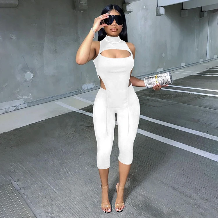 

Trendy Summer Clothing Mock Neck Solid Hollow Out Sexy Outfits For Woman 2021 Two Piece Pants Set, White,orange,red,black,royal blue