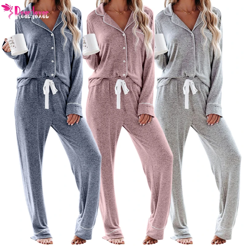 

Winter High Quality Long Sleeve Women 2 Pcs Set Pajama Button Down Pajamas