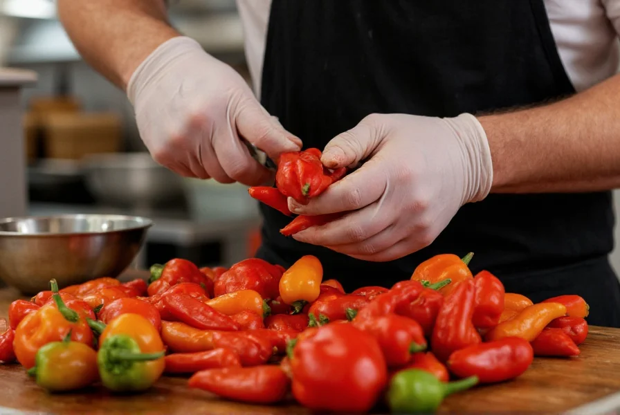 Chef wearing gloves while handling extremely hot peppers with proper safety precautions