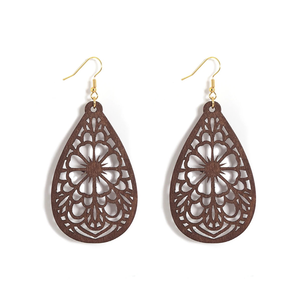 

Boho samoan retro hollow out 14k gold teardrop tribal wooden earrings women
