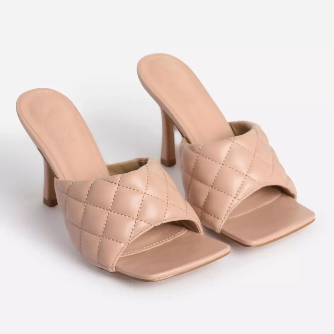 

Square toe stiletto slide high heel slippers mules, women's sandals heels summer, White, black, beige, navy