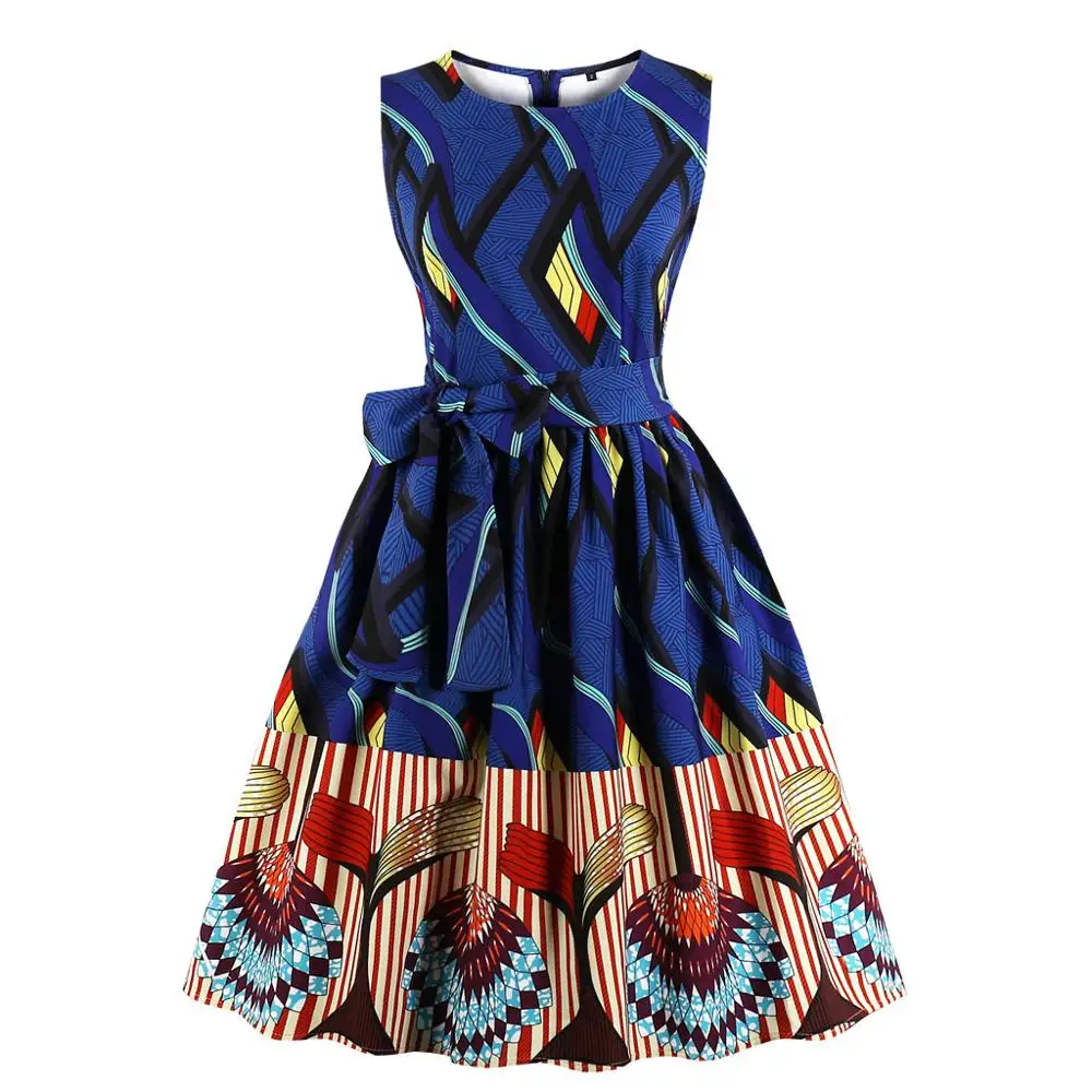 

Hot Selling African Print Kitenge Dress Designs Waist Tie Sleeveless Traditional Women Swing Casual Dress