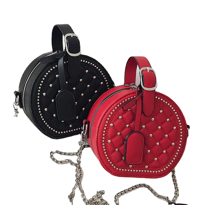 

2020 Korean fashion PU Leather rhombic rivet chain circle crossbody shoulder bag women leather handbags, 7 colors