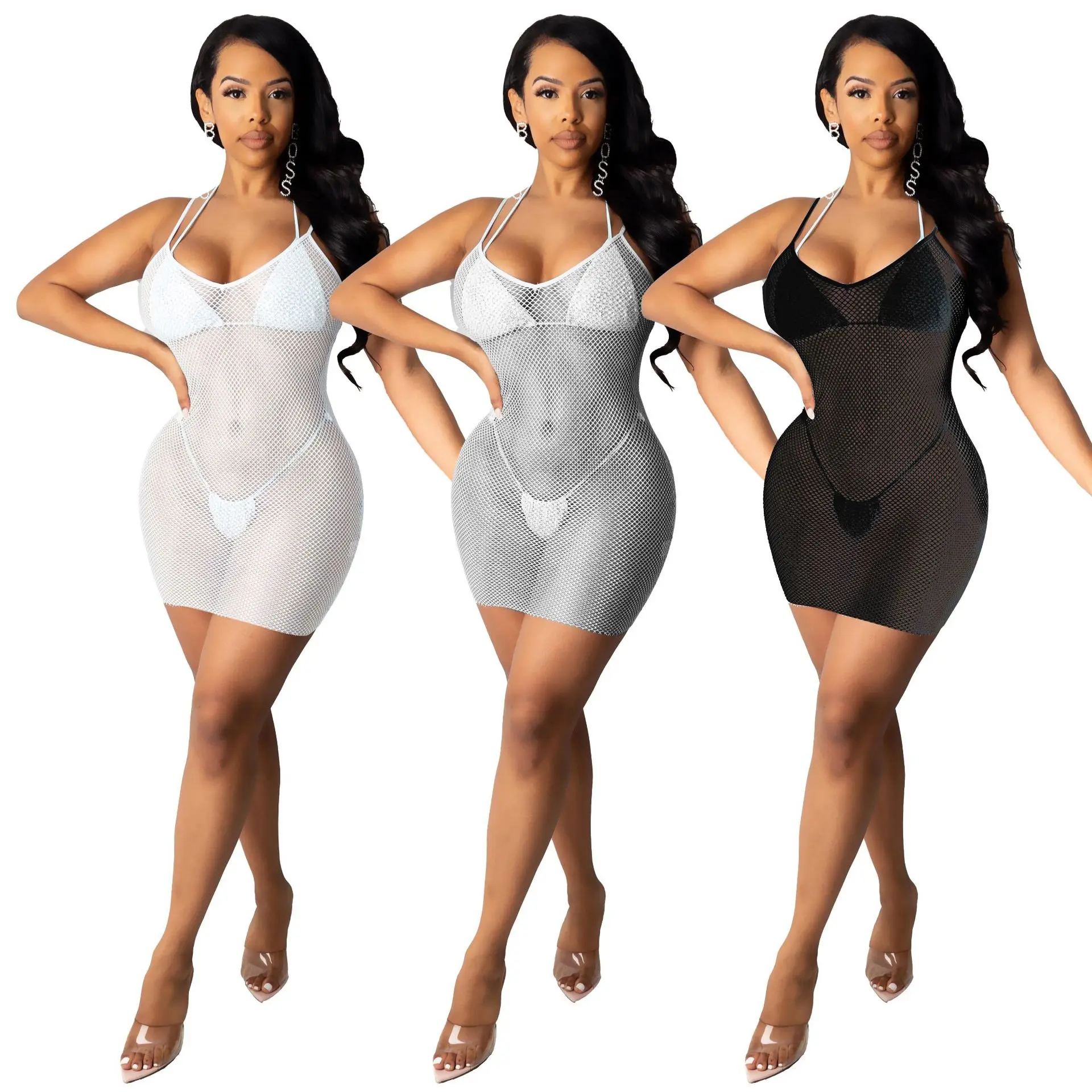

Women 2021 Sexy fashion stretch mesh dress Women Bikini Cover up, White,black