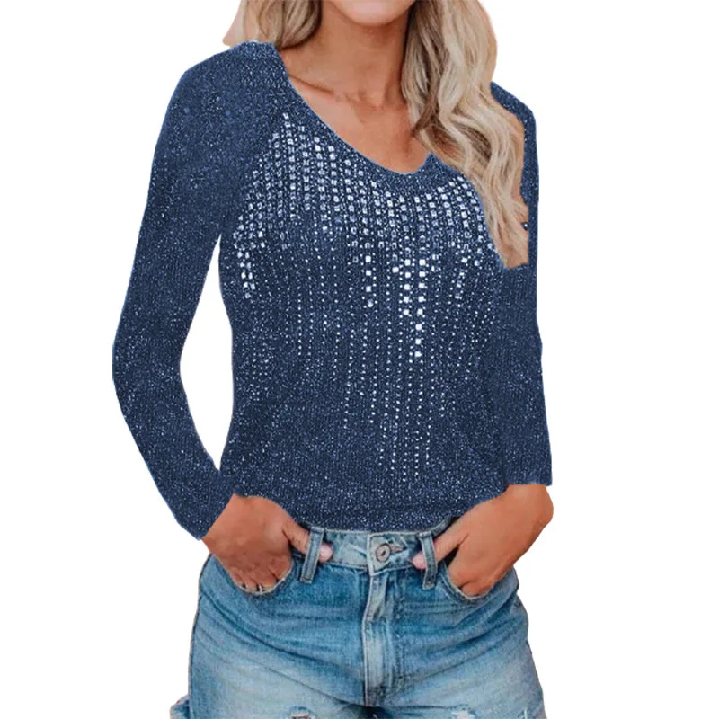 

Autumn and winter comfortable plus size long-sleeved sweater V-neck nightclub sparkling diamond ribbed knit T-shirt top, Red, black, blue, brown