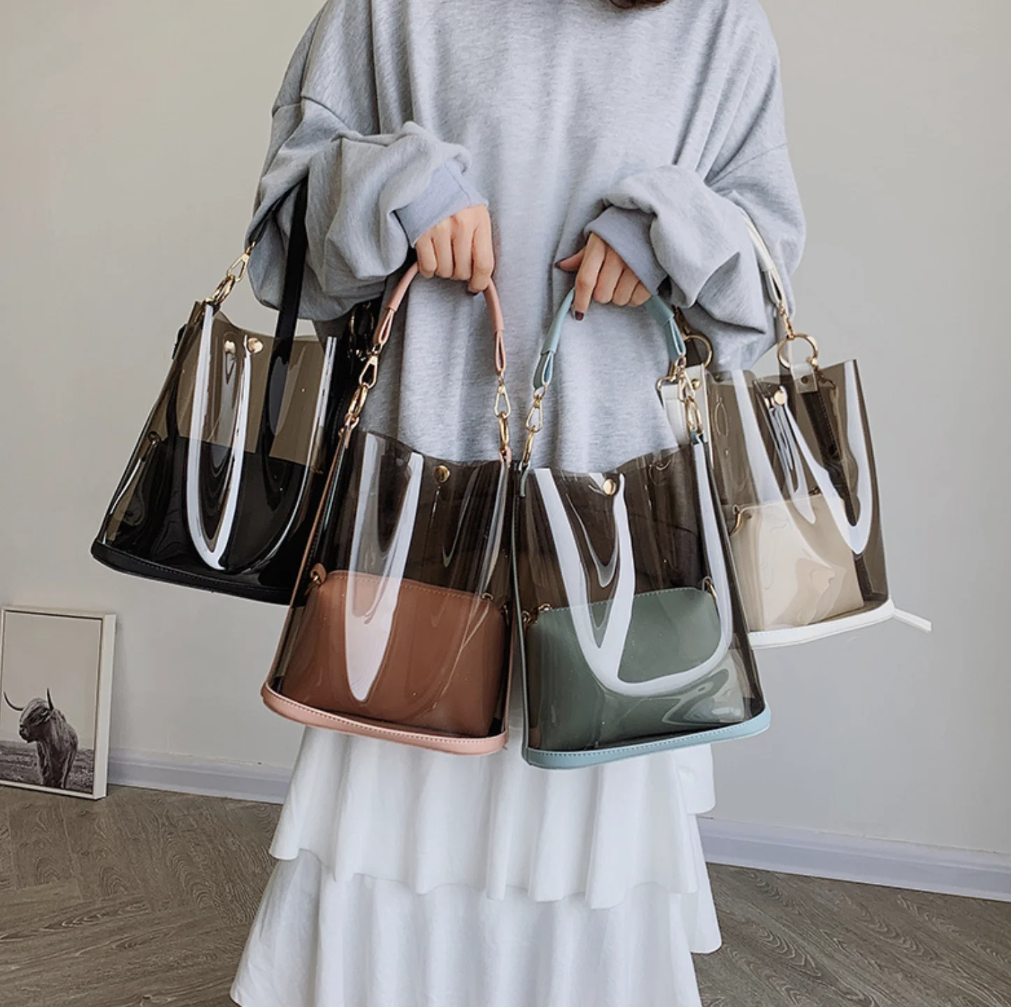 

2021 Designer 4 Colors in Stock Crossbody Bucket PVC Jelly Bags Women Handbags Ladies, White/blue/black/pink
