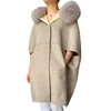 Trench Solid Patterned Detachable Real Fox Fur Women Coat Sleeveless Long Hooded Alpaca Wool Poncho Cashmere Cape with Fur