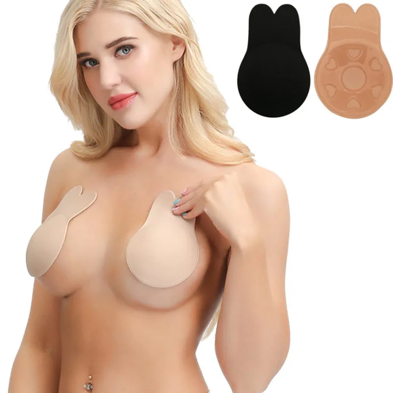

Women Rabbit Ear Self Adhesive Push Up Bras Sticky Invisible Bra Silicone Strapless Backless Pasties Lifting Nipple Covers, Nude , black