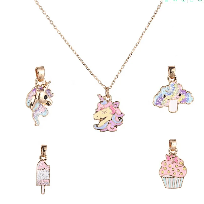 

Sweet cute Pink ice cream cake unicorn rainbow horse charms pendant necklace enamel craft jewelry for women kids, Picture